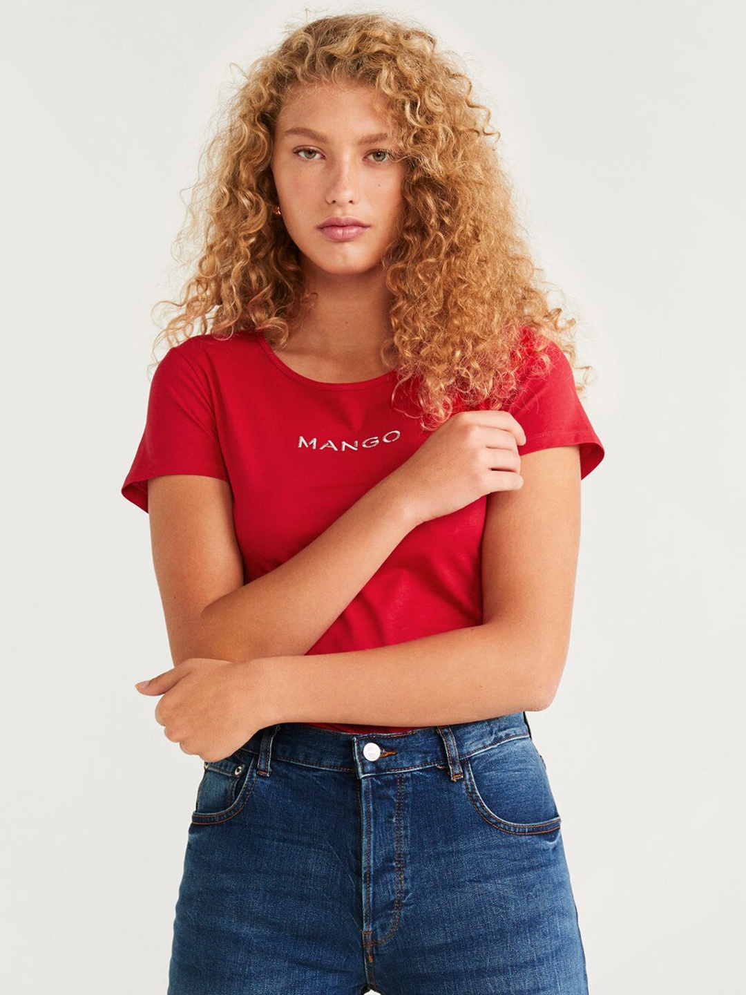 

MANGO Women Red Solid Round Neck Pure Cotton T-shirt