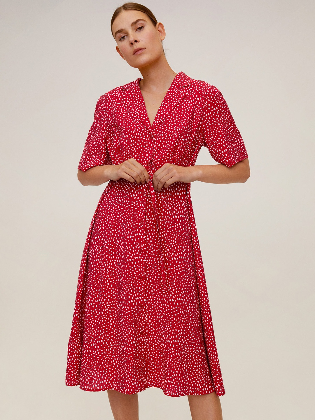 

MANGO Women Red & Off-White Printed A-Line Dress