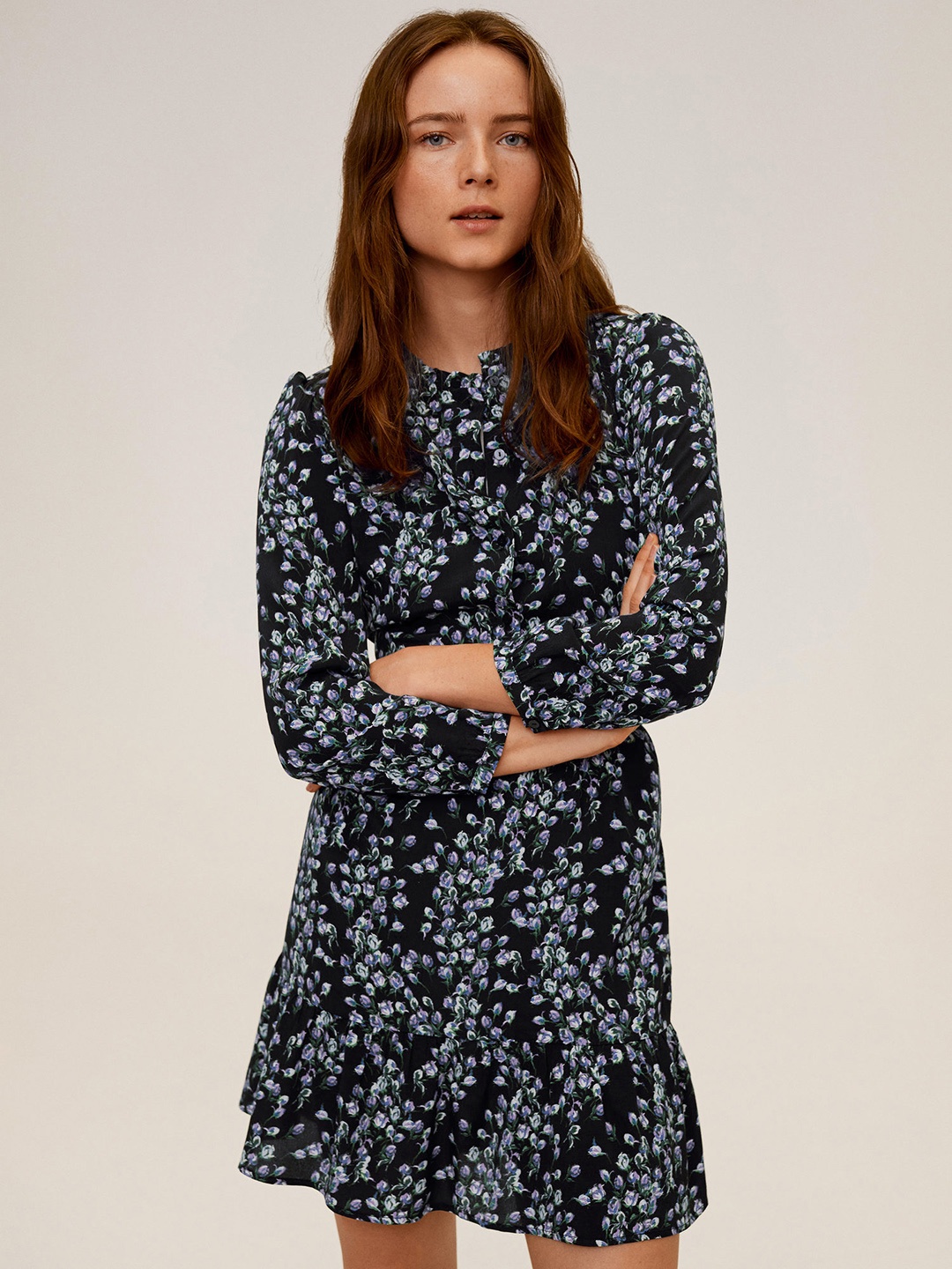 

MANGO Women Black & Blue Floral Printed A-Line Dress