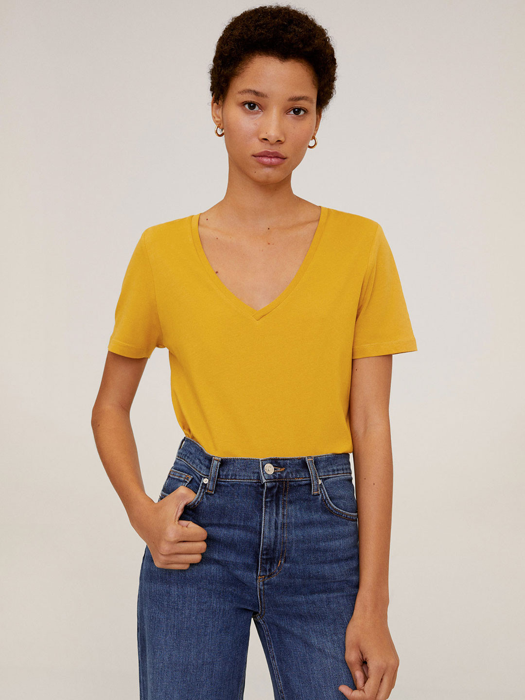 

MANGO Women Mustard Yellow Solid V-Neck T-Sustainable Shirt