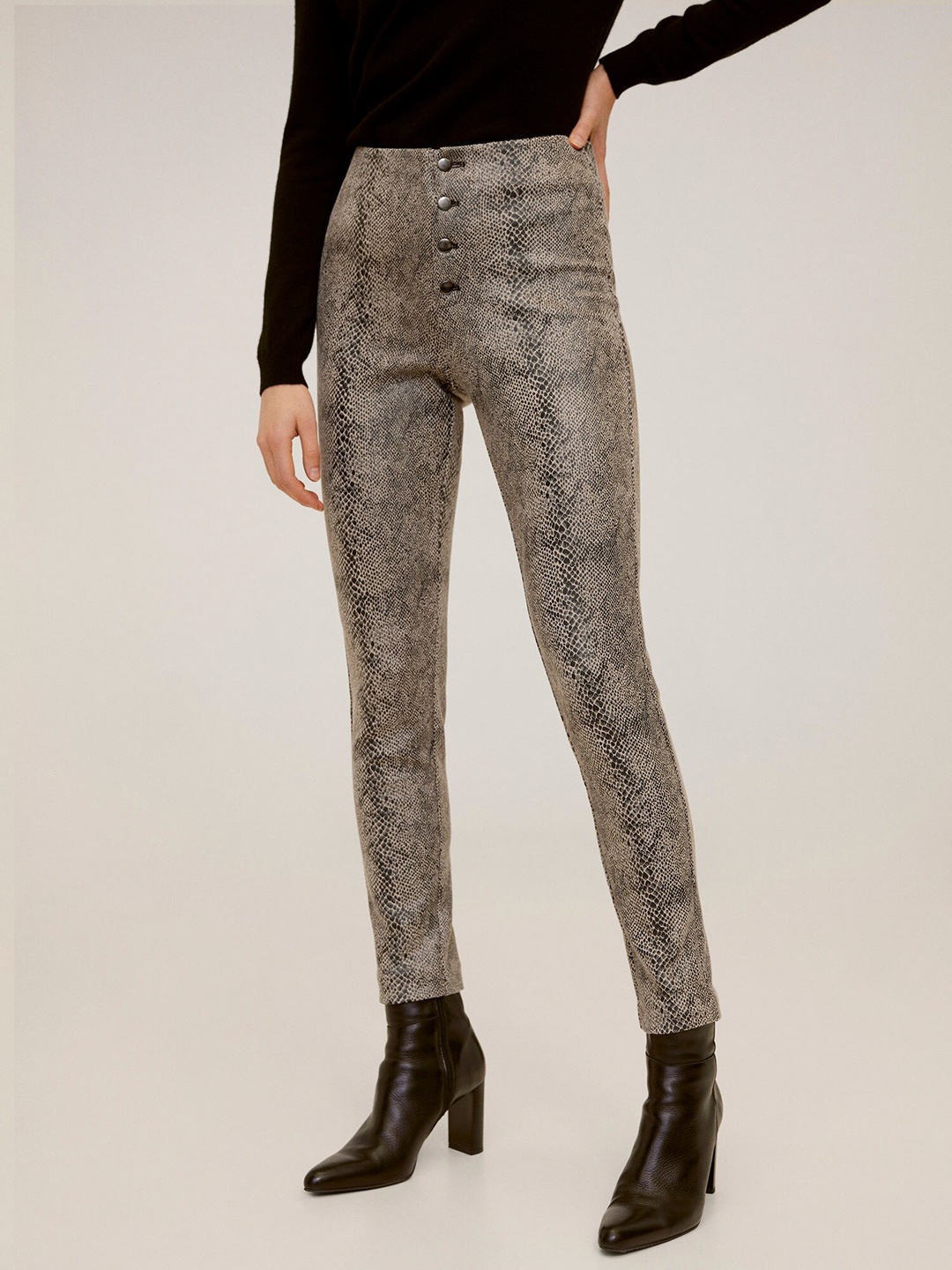 

MANGO Women Beige & Black Regular Fit Snake Skin Print Cigarette Trousers
