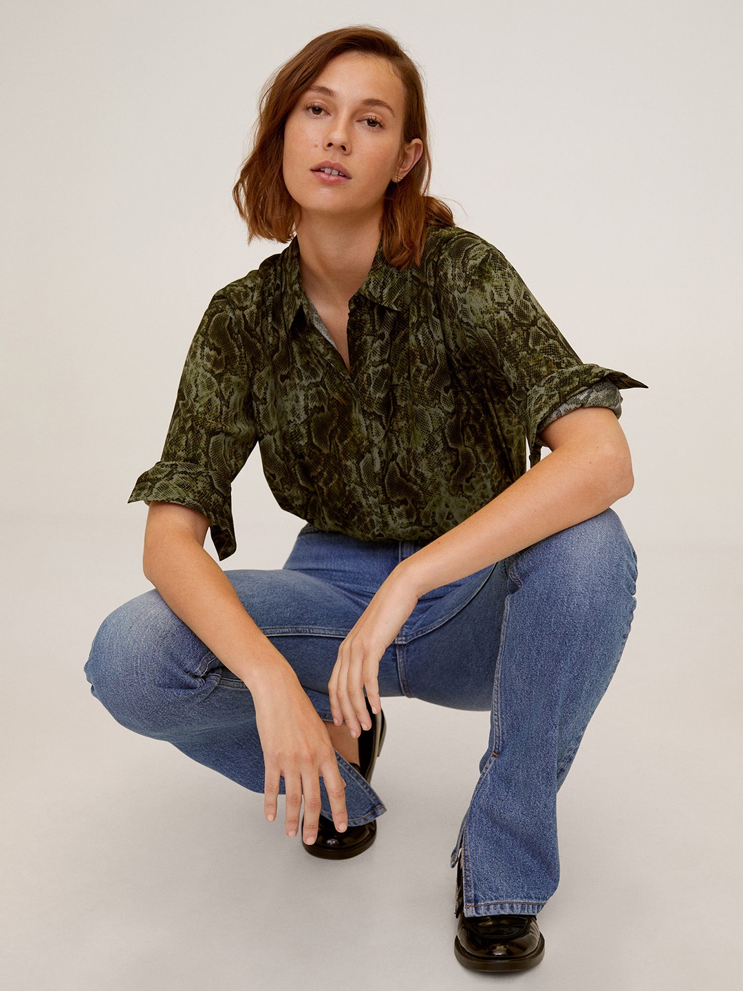 

MANGO Women Green Regular Fit Snake Skin Print High-Low Casual Shirt