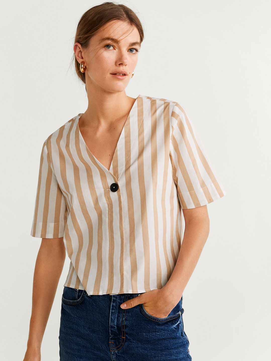 

MANGO Women White & Beige Striped Pure Cotton Top
