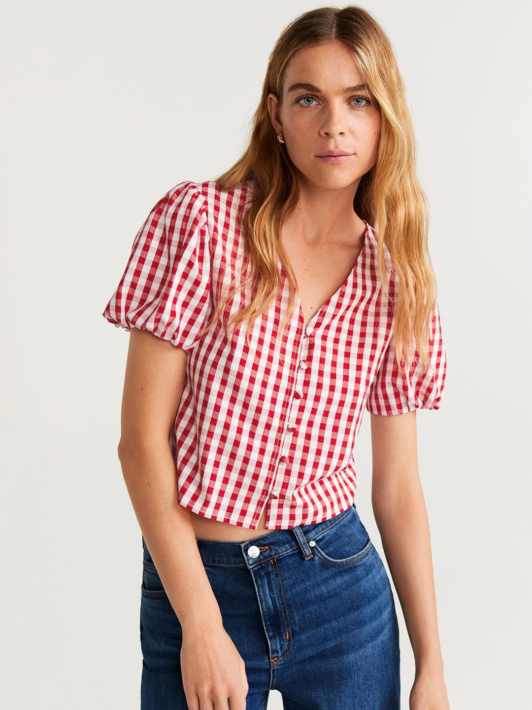 

MANGO Women White & Red Checked Crop Top