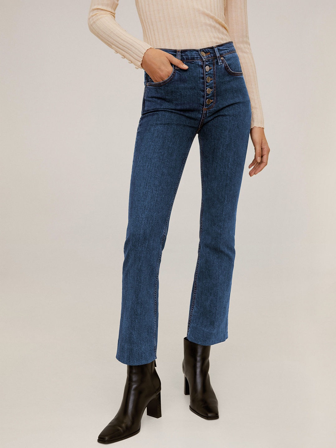 

MANGO Women Navy Blue Bootcut High-Rise Clean Look Stretchable Cropped Sustainable Jeans