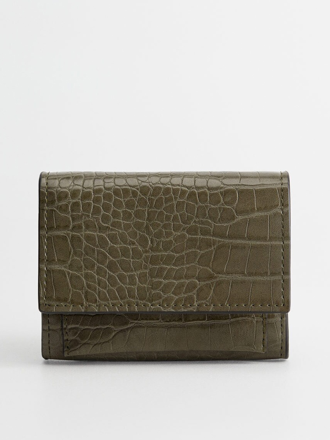 

MANGO Women Olive Green Croc-Textured Two Fold Wallet