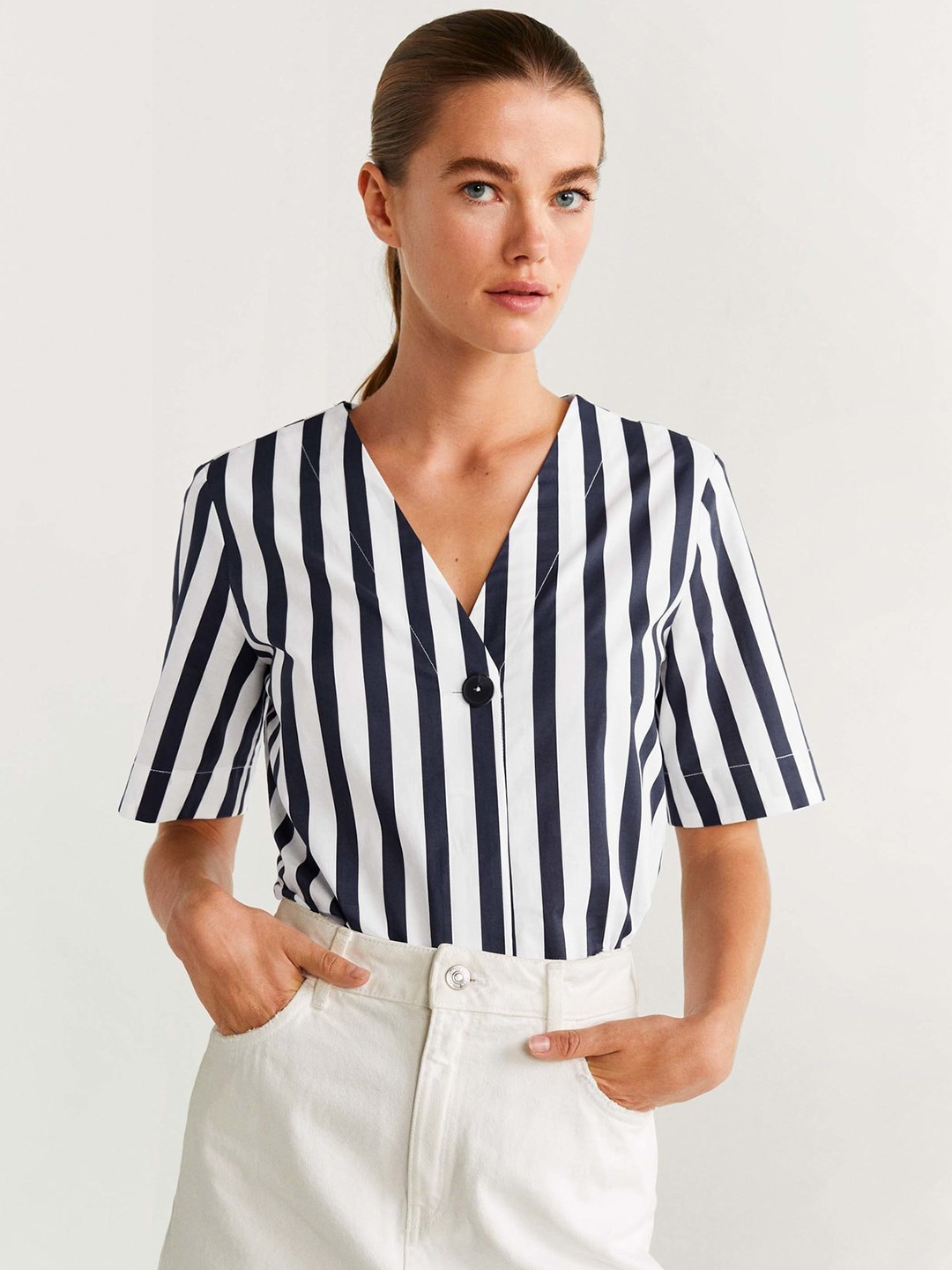 

MANGO Women White & Navy Blue Striped Pure Cotton Top