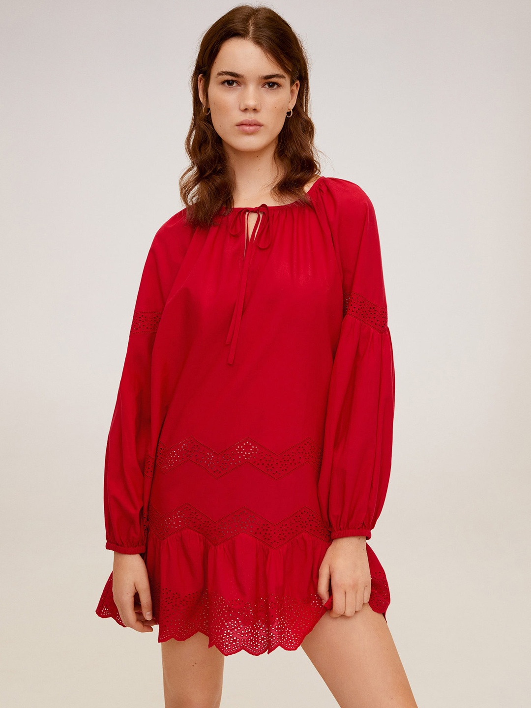 

MANGO Women Red Schiffli Embroidered A-Line Boxy Dress