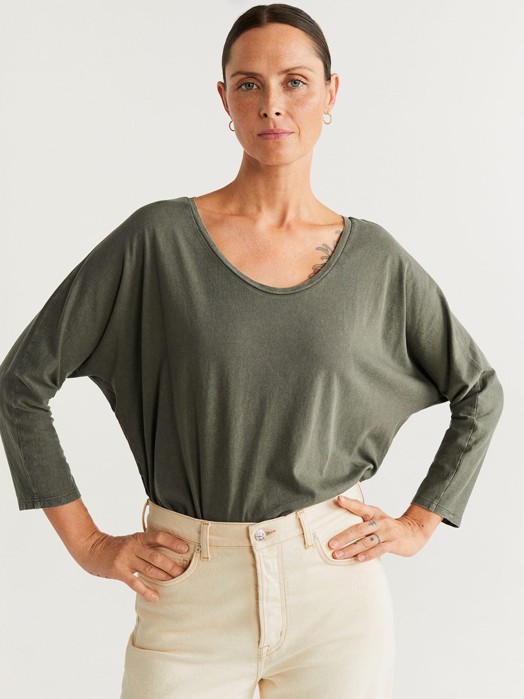 

MANGO Women Olive Green Organic Cotton Solid Scoop Neck T-Sustainable Shirt