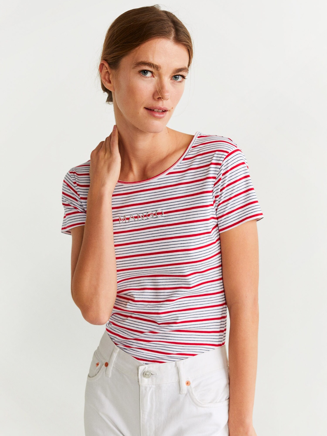 

MANGO Women White & Red Striped Round Neck T-shirt