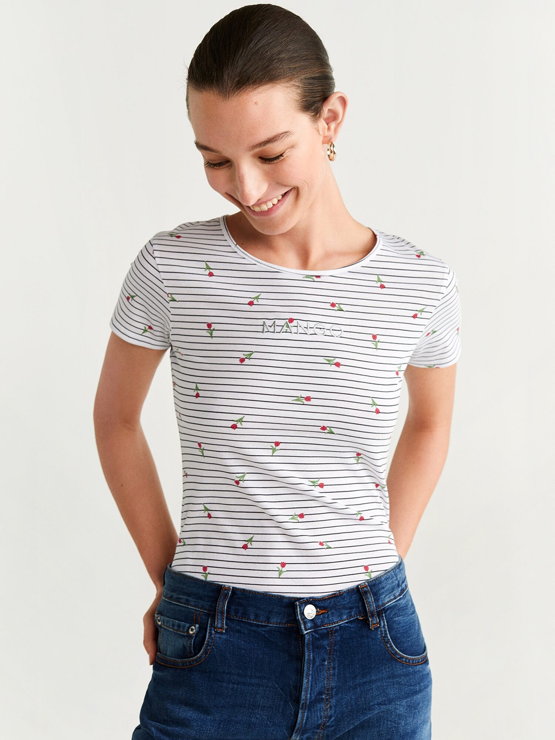 

MANGO Women White & Black Striped Round Neck T-shirt