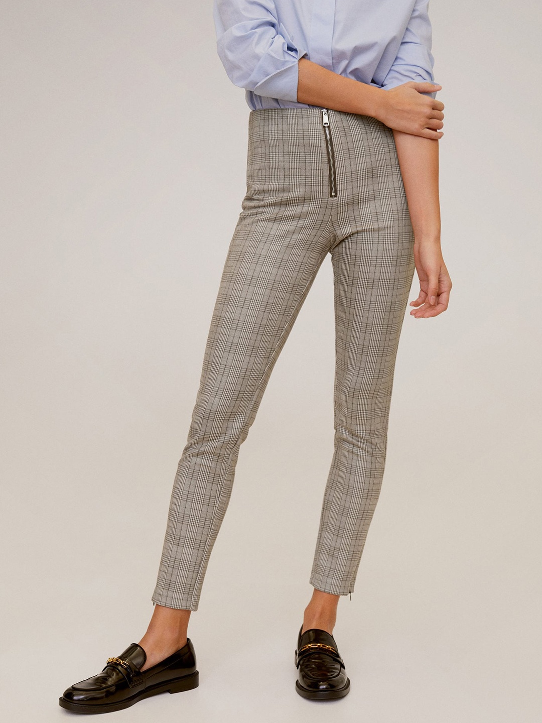 

MANGO Women Beige & Brown Regular Fit Checked Cigarette Cropped Trousers