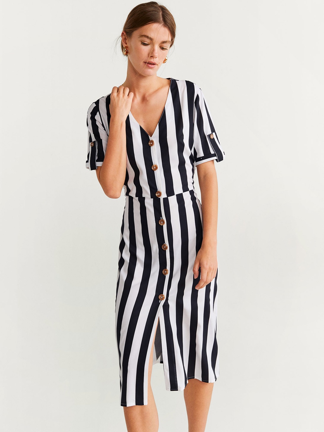 

MANGO Women Black & White Striped A-Line Dress