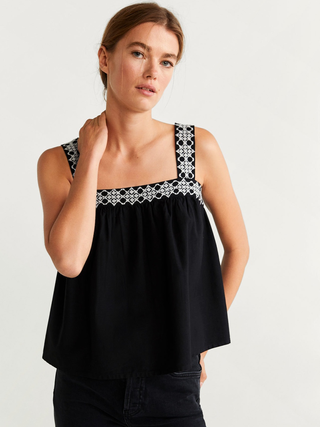 

MANGO Women Black Solid A-Line Top