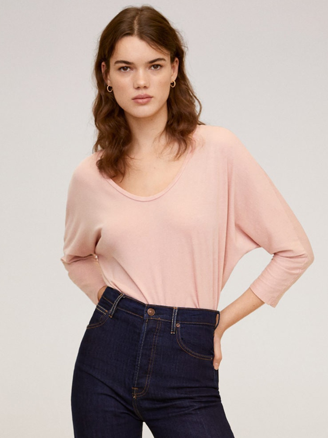 

MANGO Women Dusty Pink Organic Cotton Solid Scoop Neck Organic Cotton T-shirt