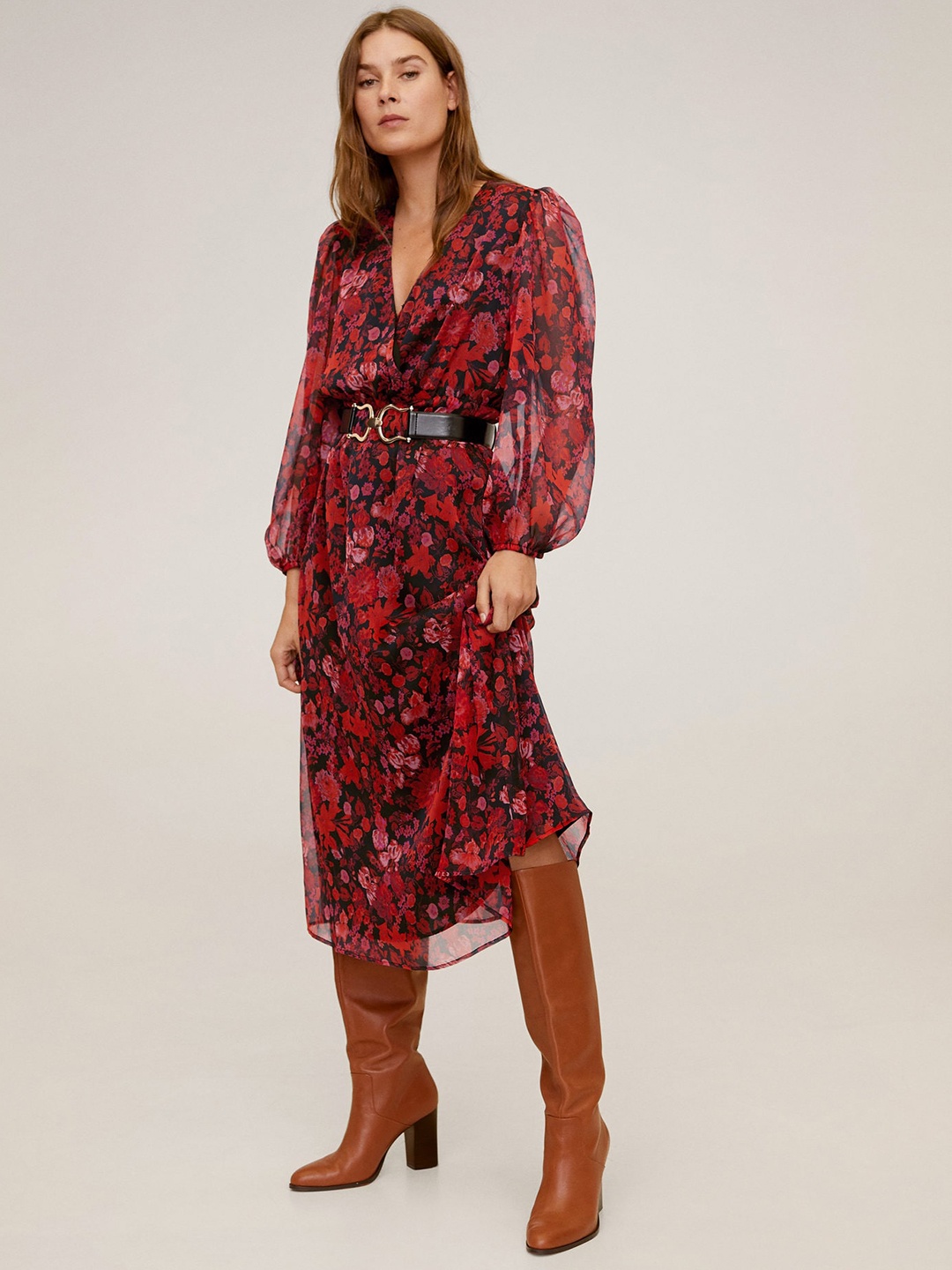 

MANGO Women Black & Orange Printed Wrap Dress