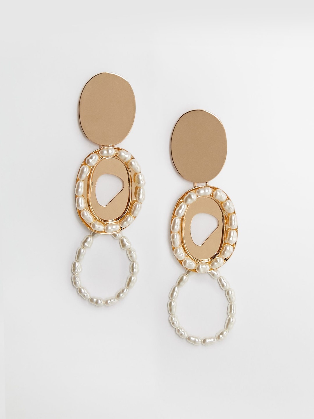 

MANGO Gold-Toned & Off-White Beaded Oval Drop Earrings