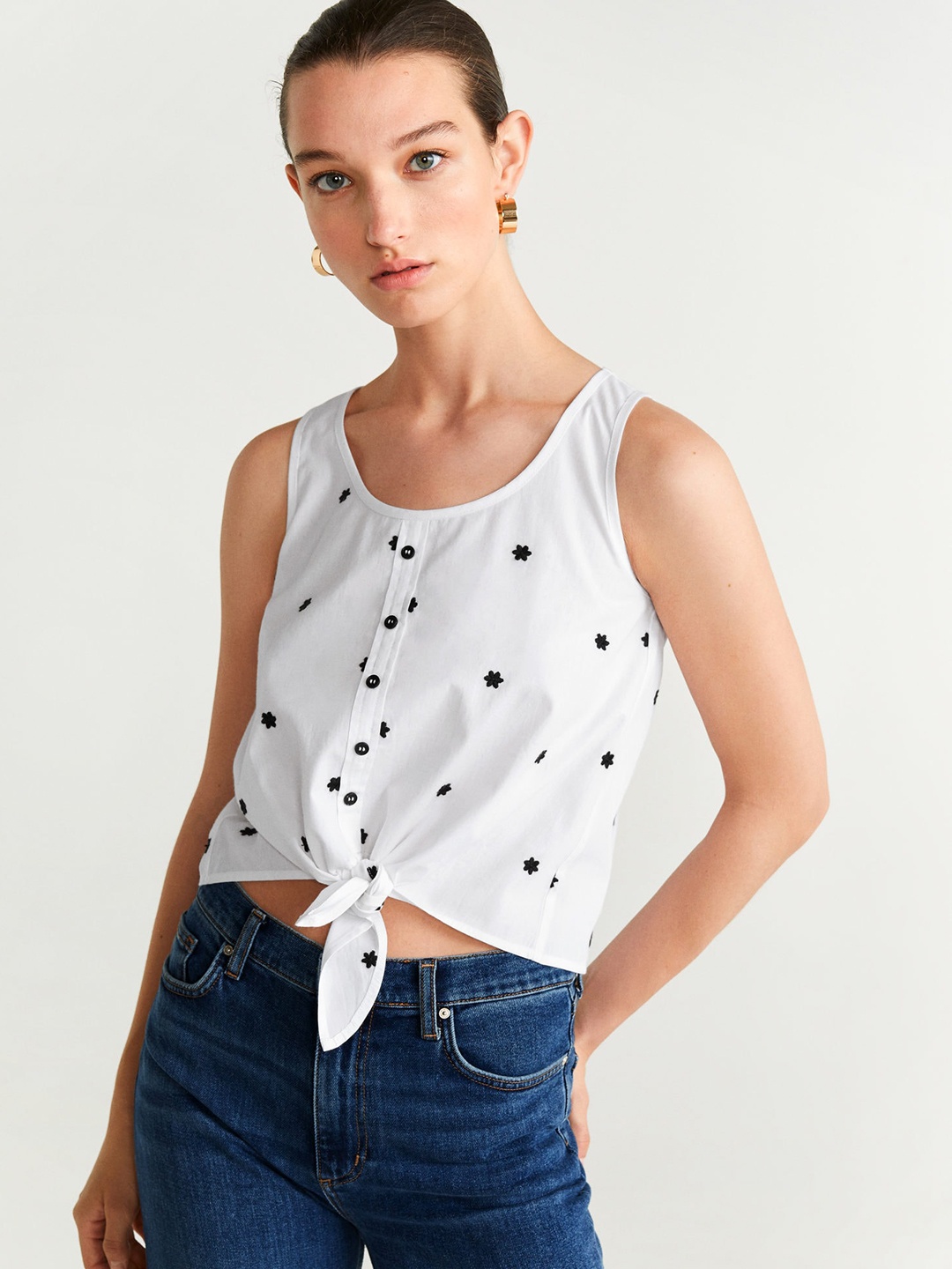 

MANGO Women White & Black Embroidered Pure Cotton Top