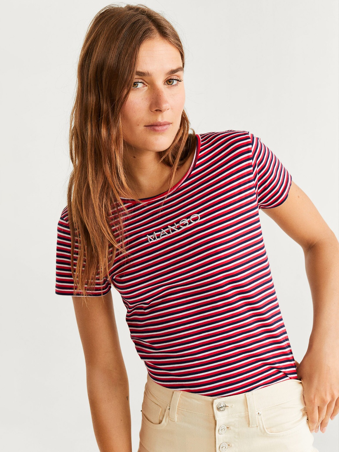 

MANGO Women Red & Black Striped Round Neck T-shirt