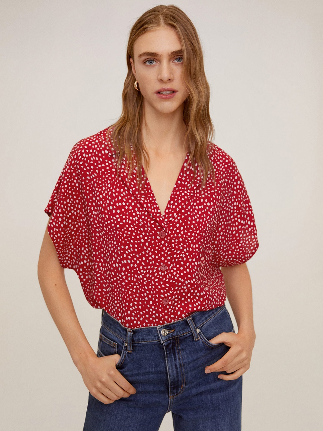 

MANGO Women Red & White Printed Regular Fit Casual Shirt