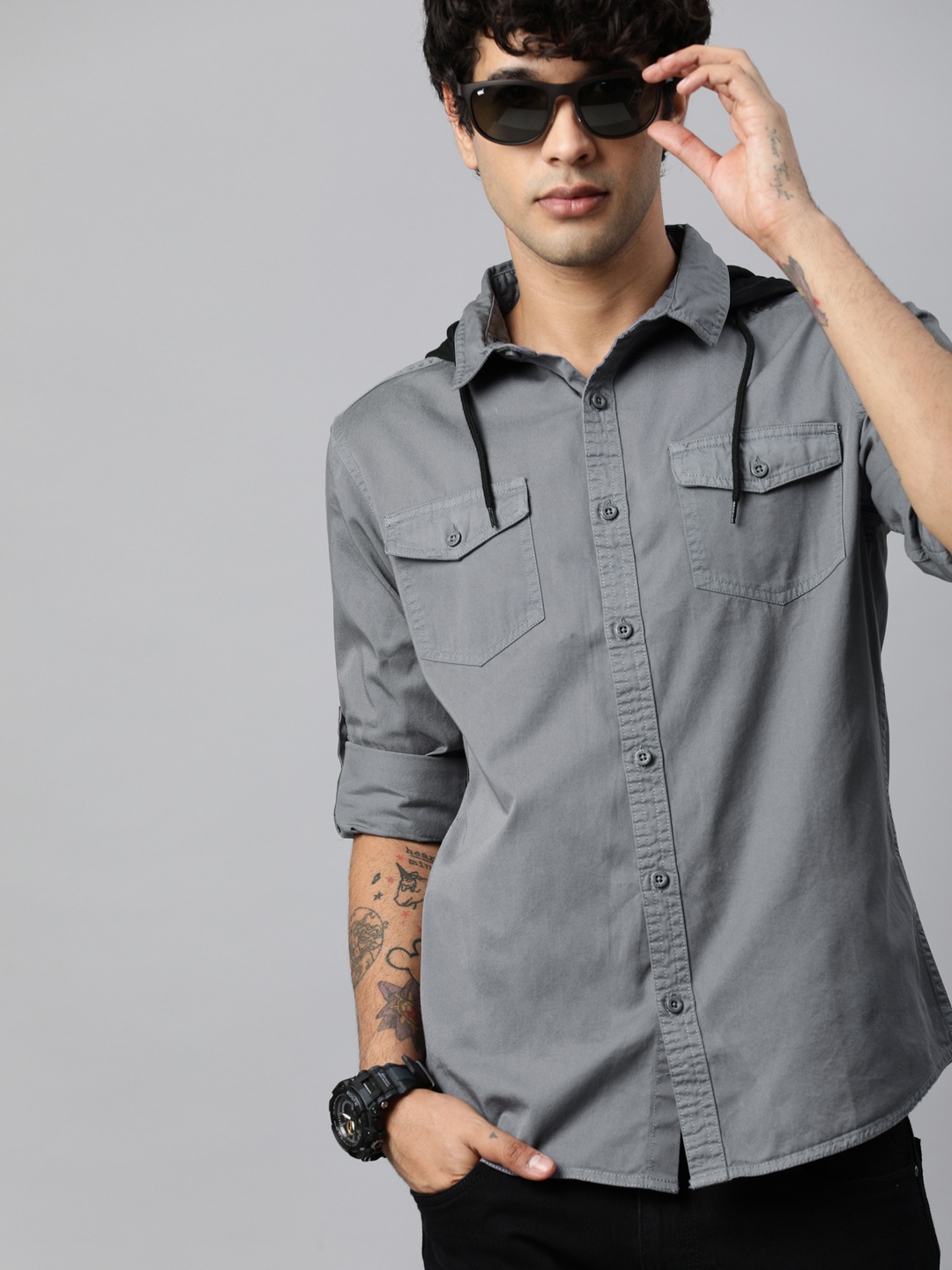 

HERE&NOW Men Grey Slim Fit Solid Casual Shirt