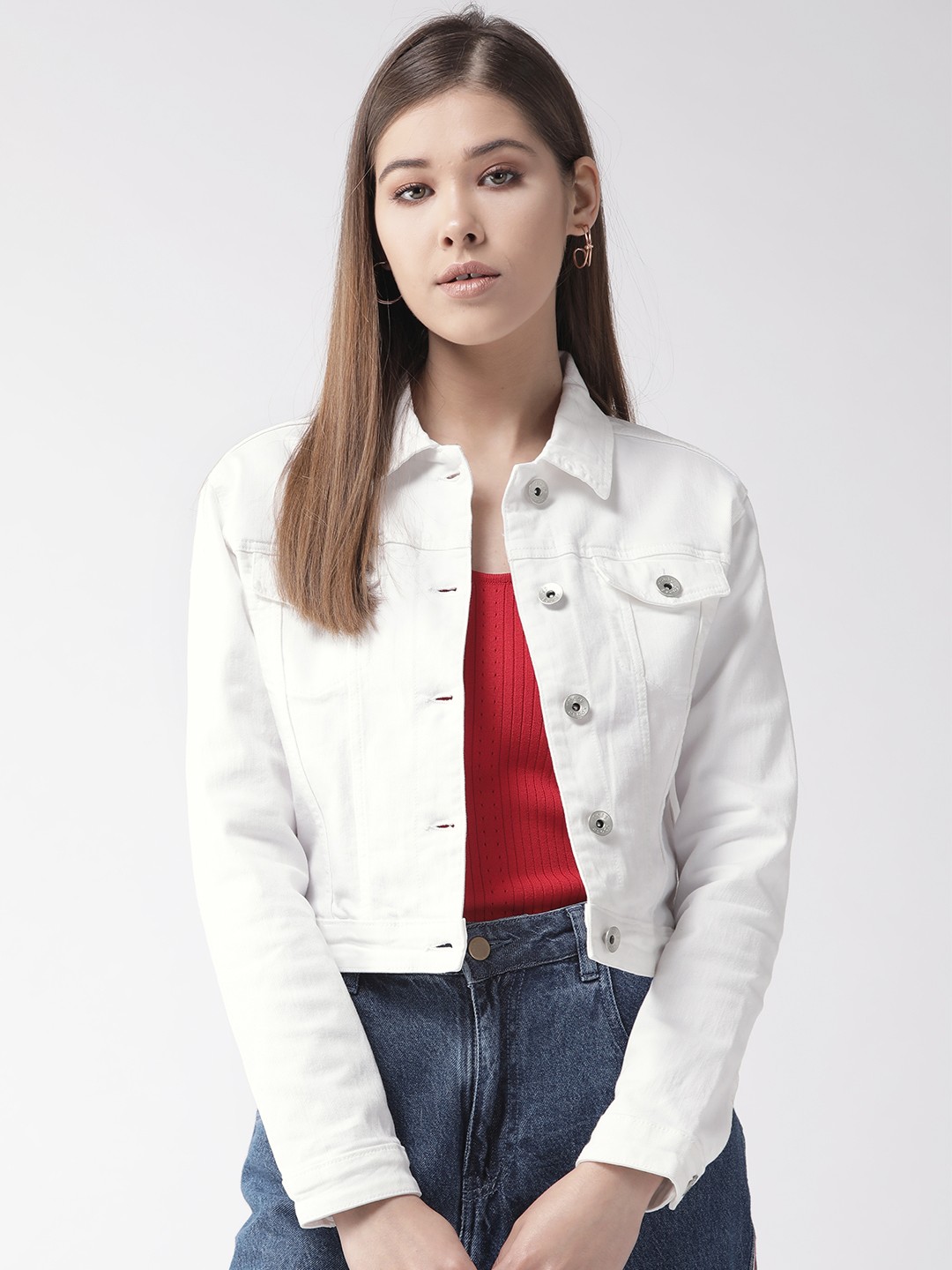 

Xpose Women White Solid Crop Denim Jacket