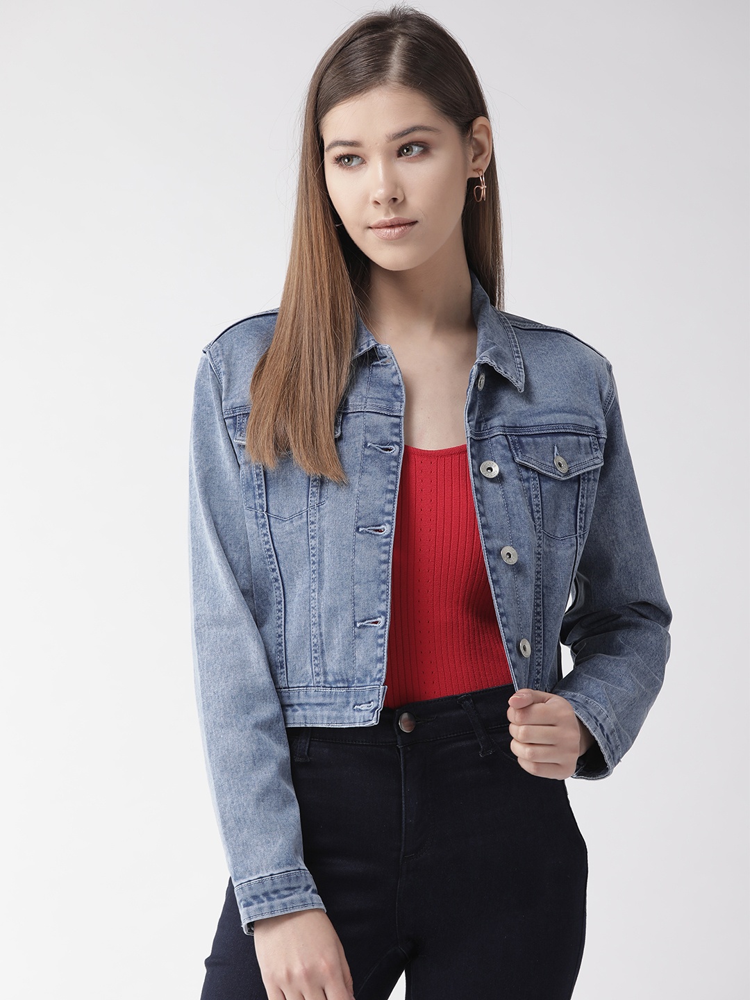 

Xpose Women Blue Washed Crop Denim Jacket