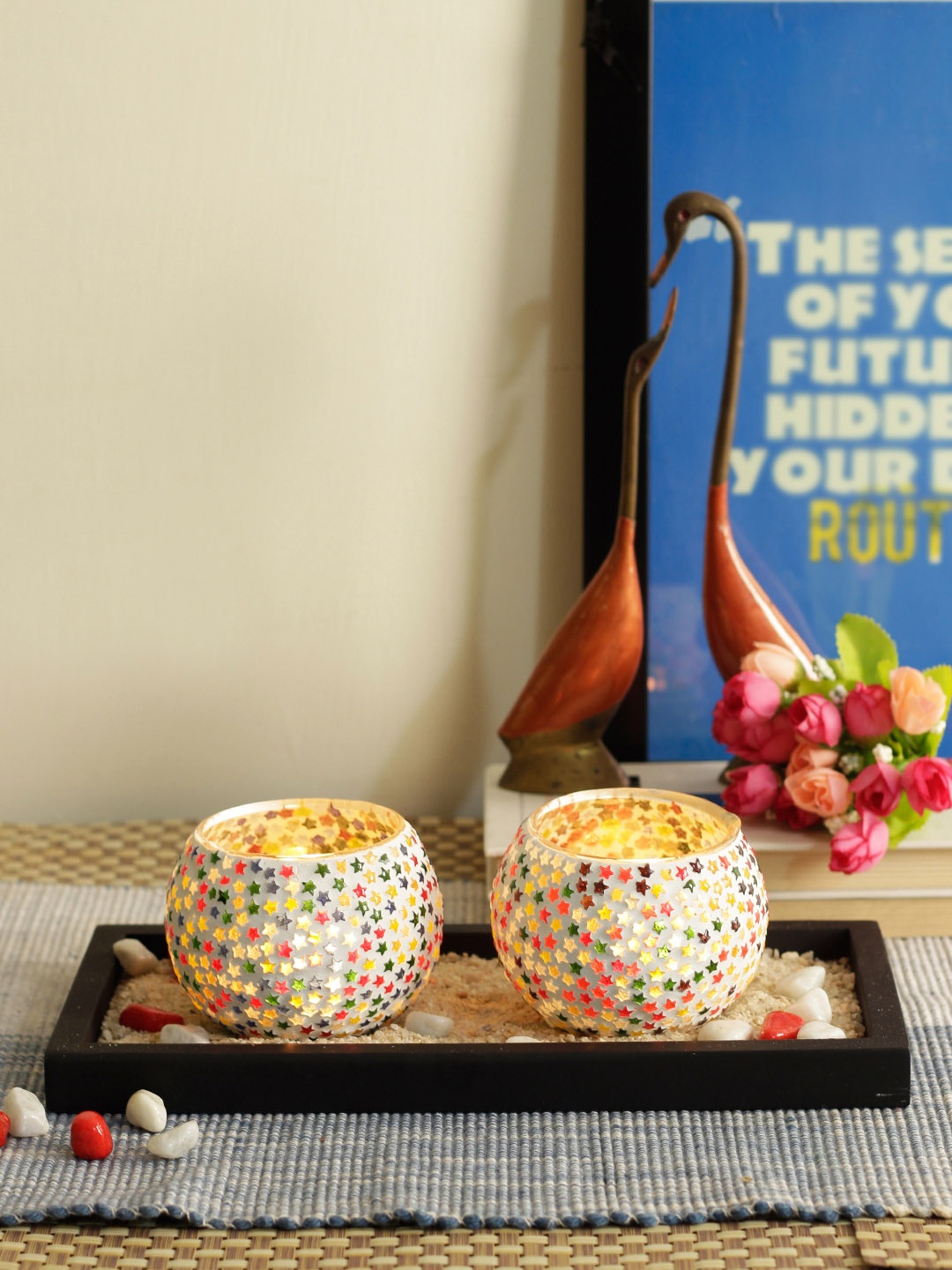 

TIED RIBBONS Set of 2 White & Yellow Glass Tealight Candle Holder With Wooden Tray