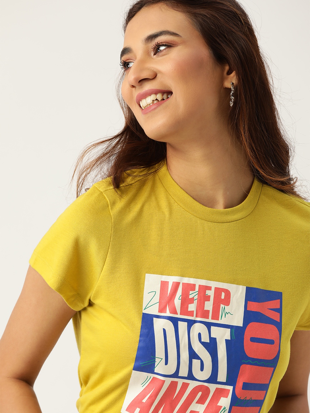 

DressBerry Women Mustard Yellow & Blue Printed Round Neck T-shirt