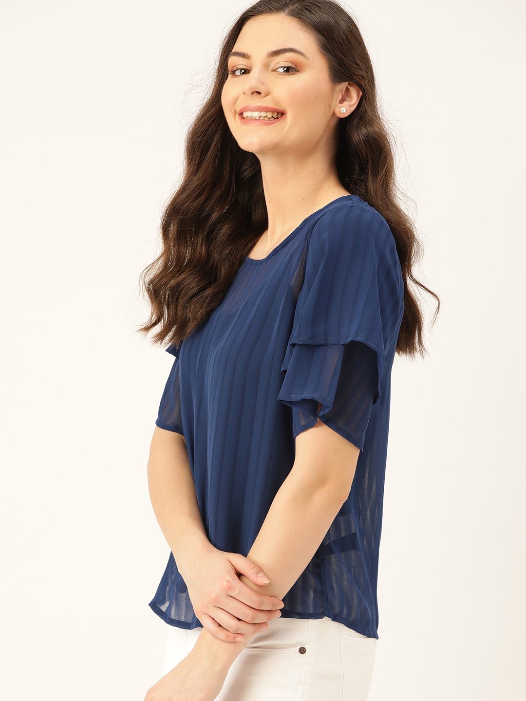 

DressBerry Navy Blue Self Striped Semi Sheer Styled Back Top