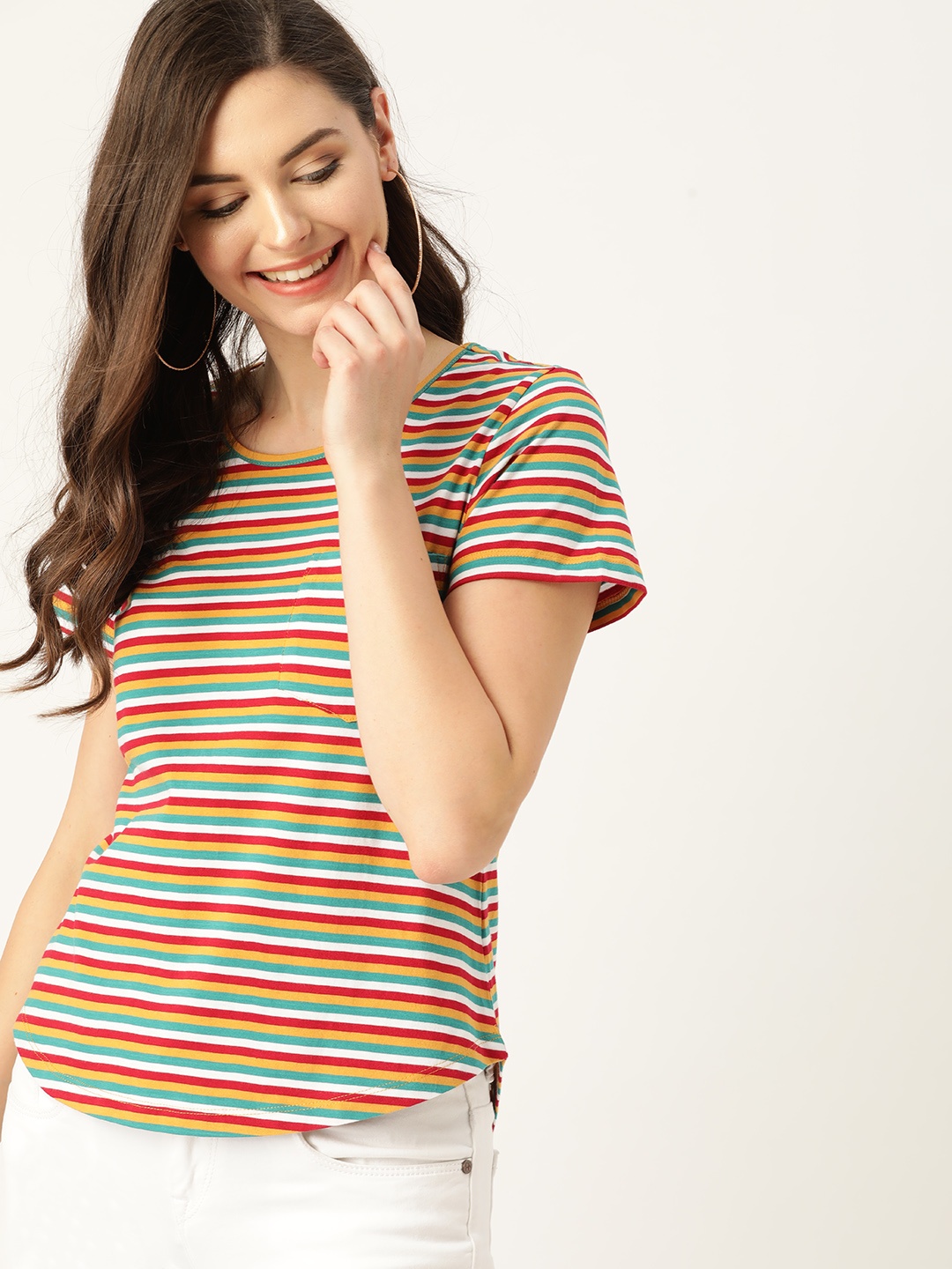

DressBerry Women Multicoloured Striped Round Neck Pure Cotton T-shirt, Multi