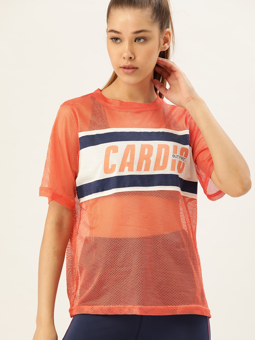 

DressBerry Women Peach-Coloured & White Mesh Colourblocked Round Neck T-shirt