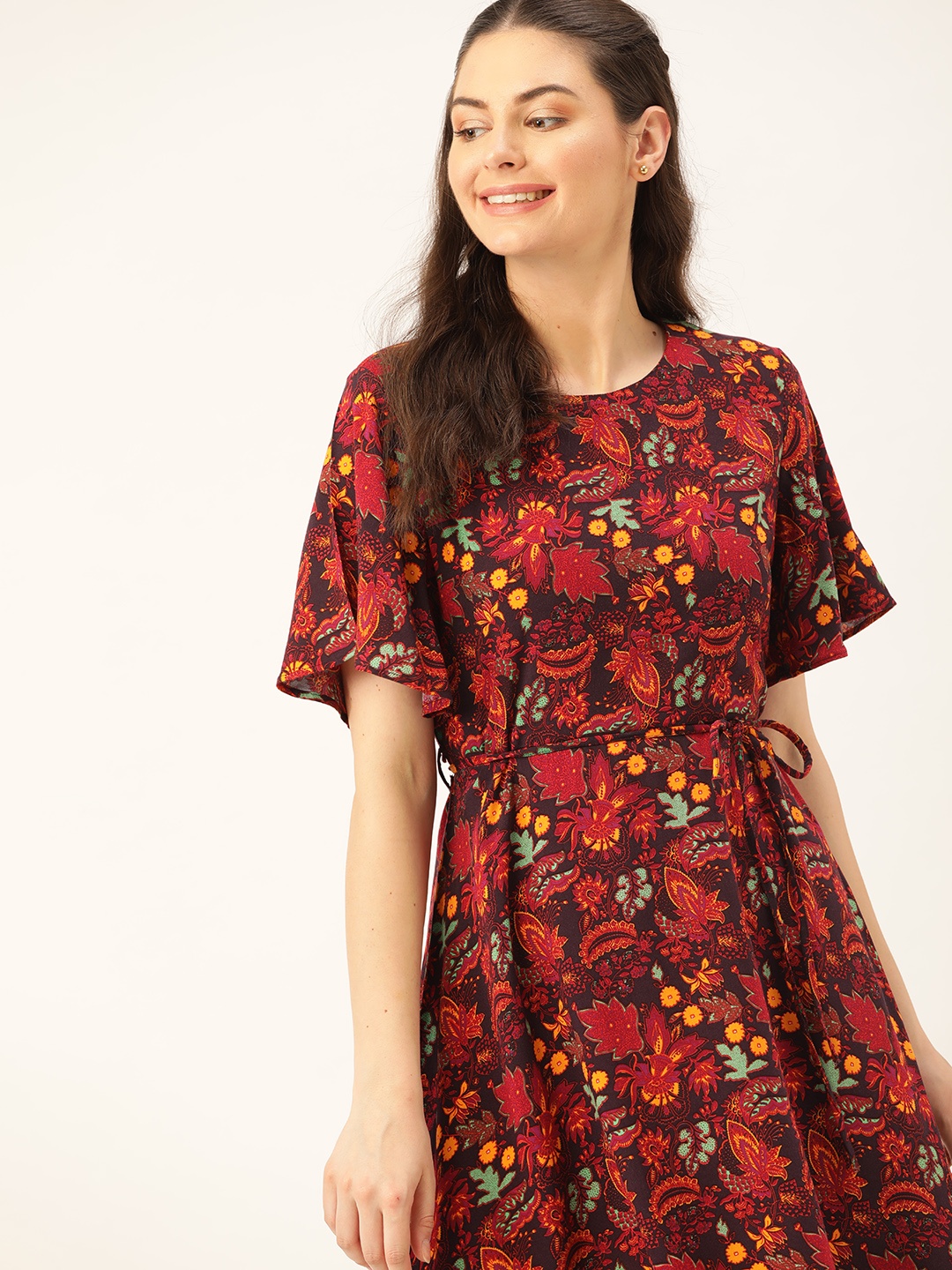 

DressBerry Women Red & Yellow Printed A-Line Dress