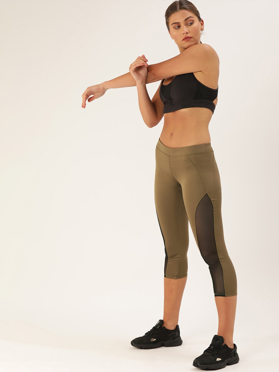 

DressBerry Women Olive Green Solid 3/4th Tights With Mesh Detailing