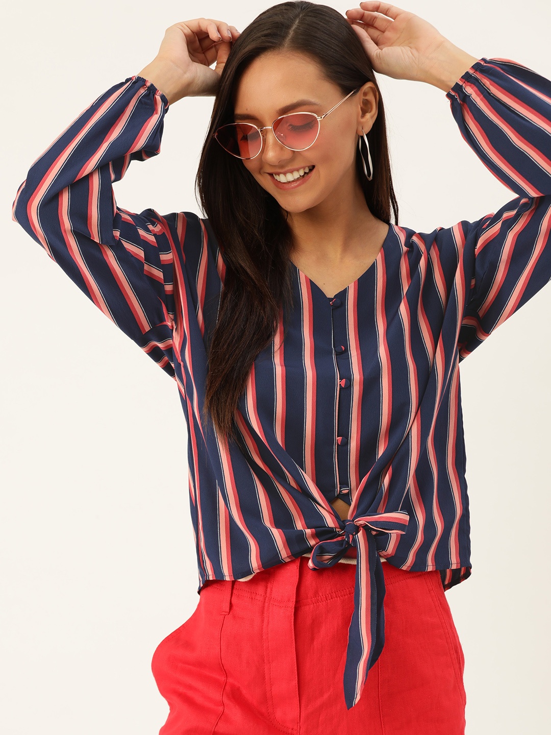 

DressBerry Women Navy Blue & Pink Striped Top