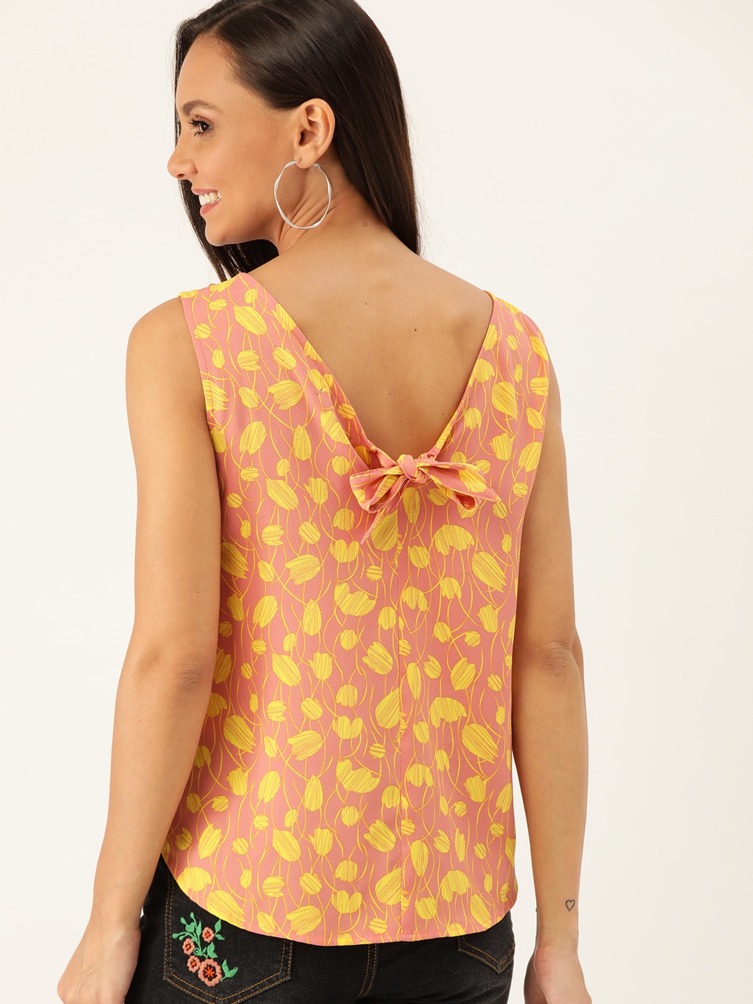 

DressBerry Women Peach-Coloured & Yellow Printed Styled Back Top