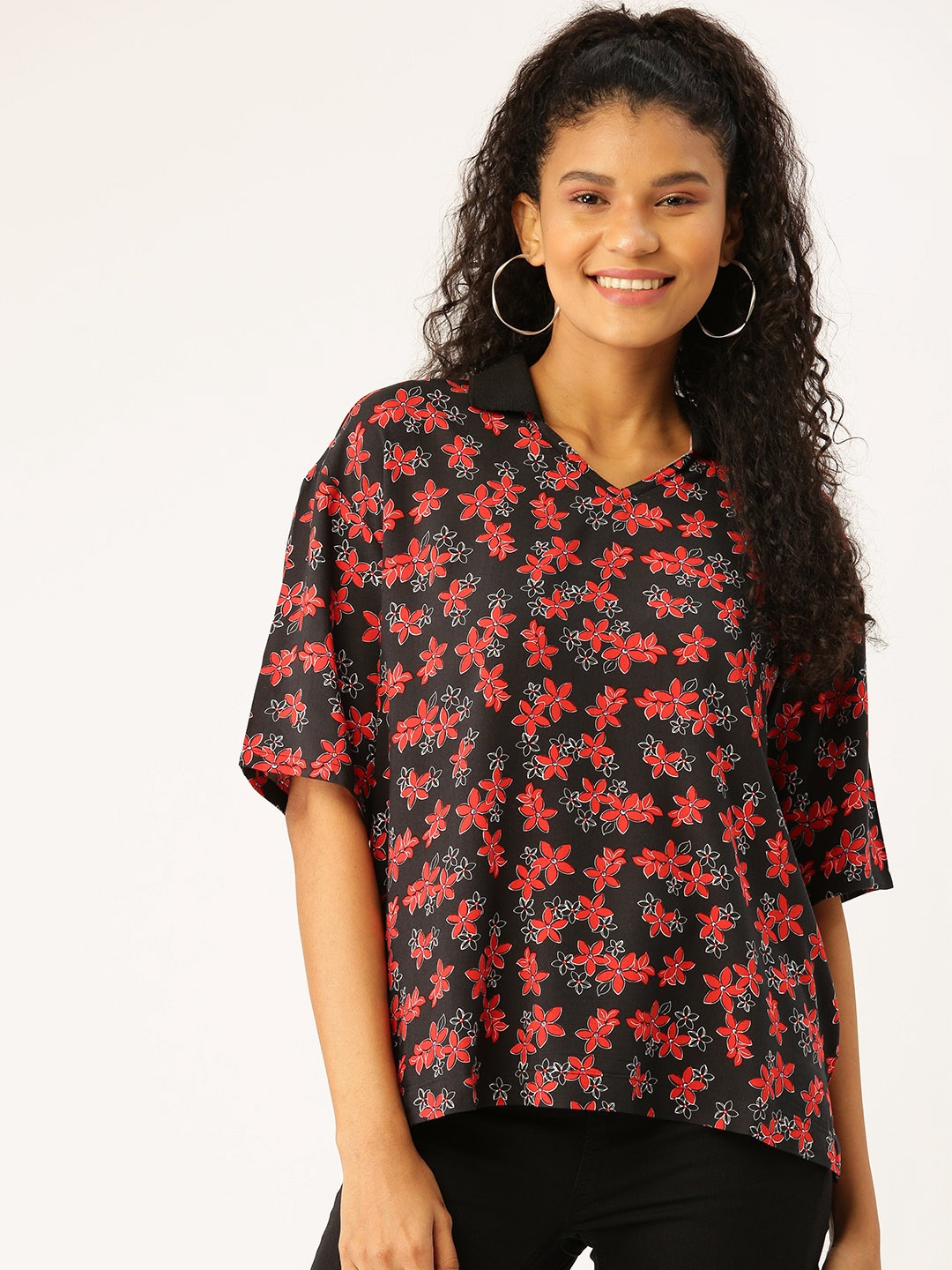 

DressBerry Women Black & Red Floral Print Boxy Top