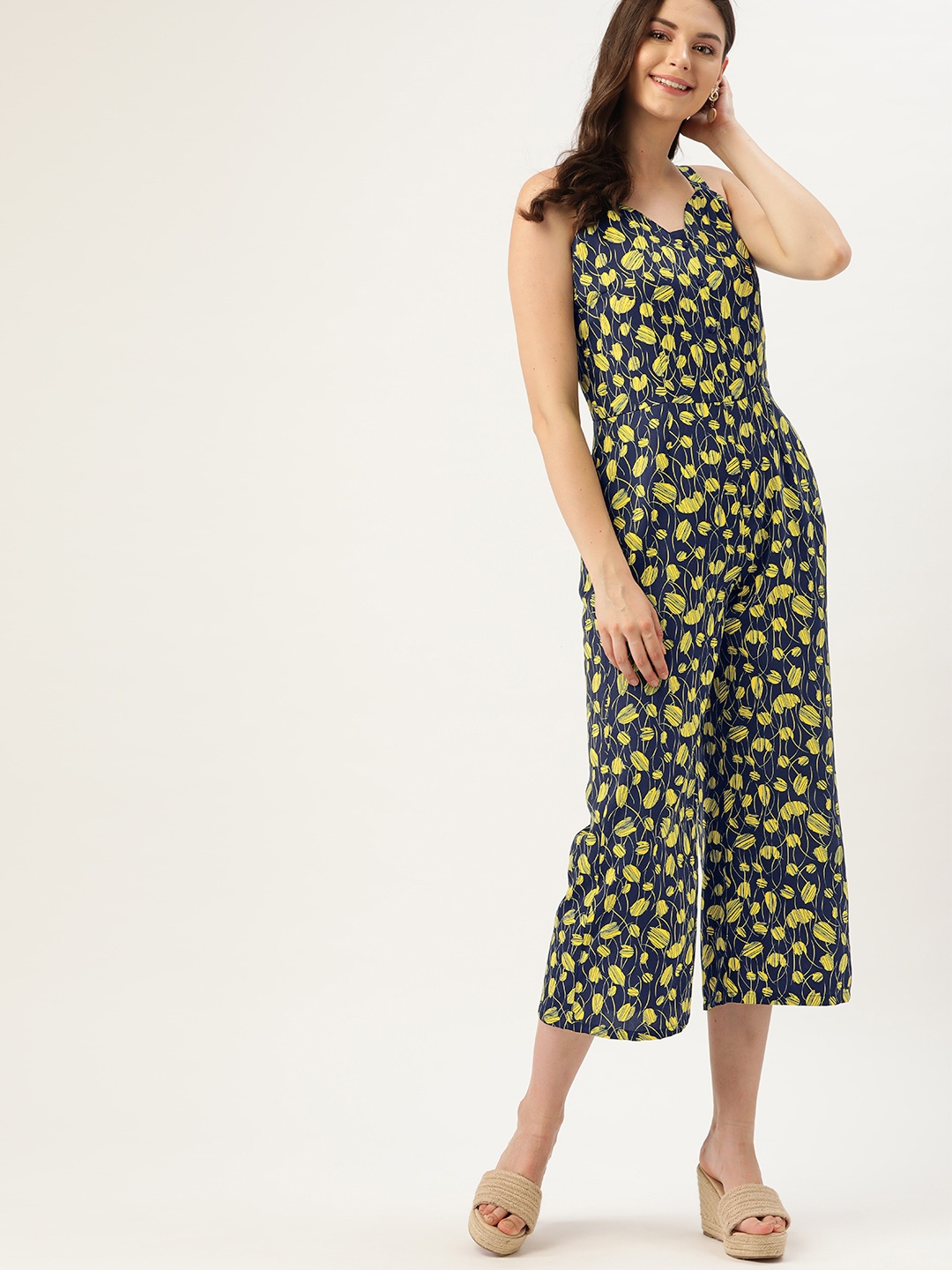 

DressBerry Women Navy Blue & Yellow Printed Culotte Jumpsuit