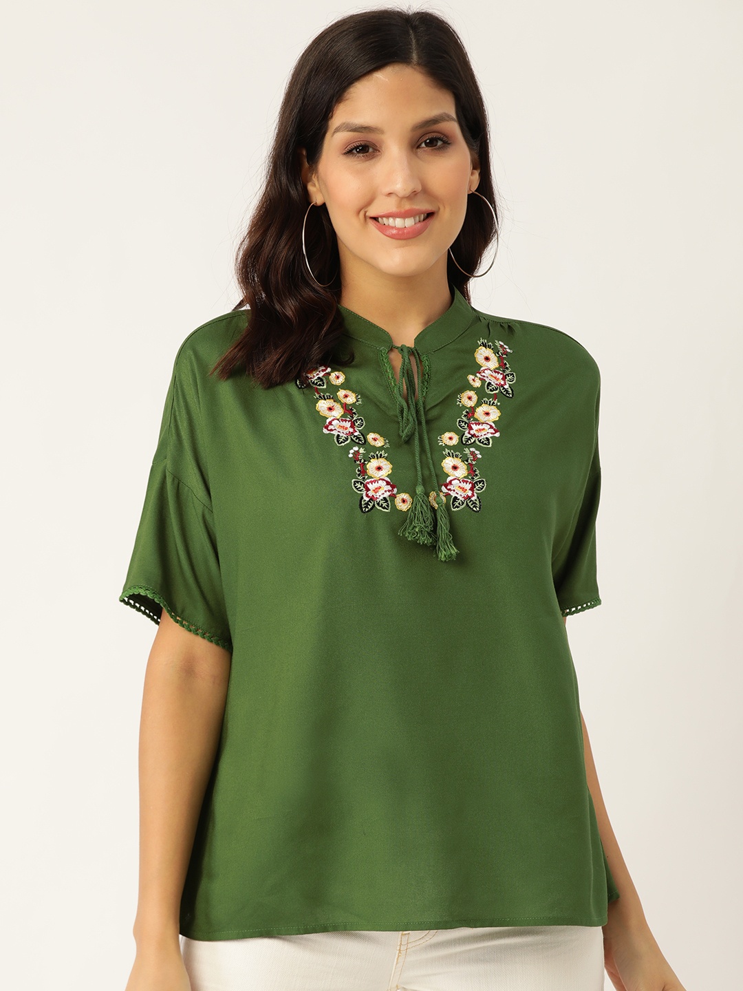 

DressBerry Women Olive Green Embroidered Top