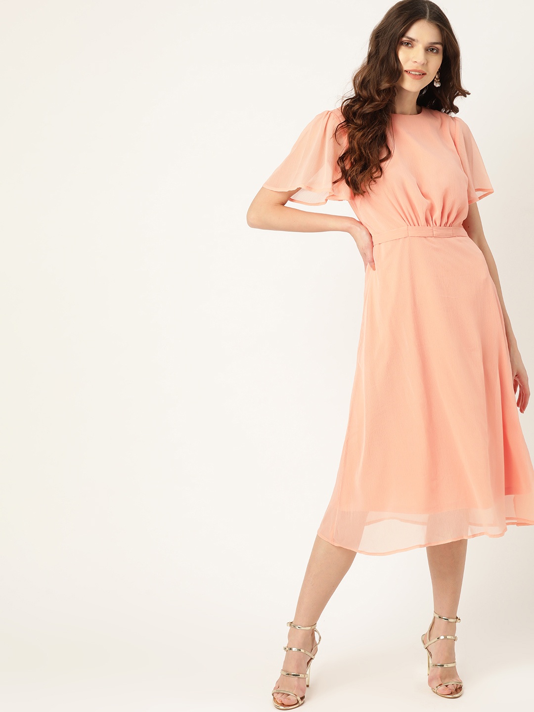 

DressBerry Women Peach-Coloured Semi-Sheer Solid Fit & Flare Dress