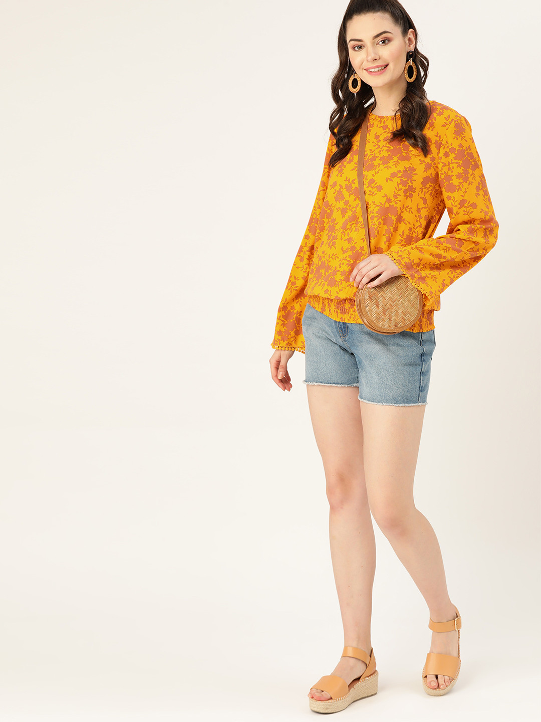 

DressBerry Women Mustard Yellow & Brown Floral Print Blouson Top