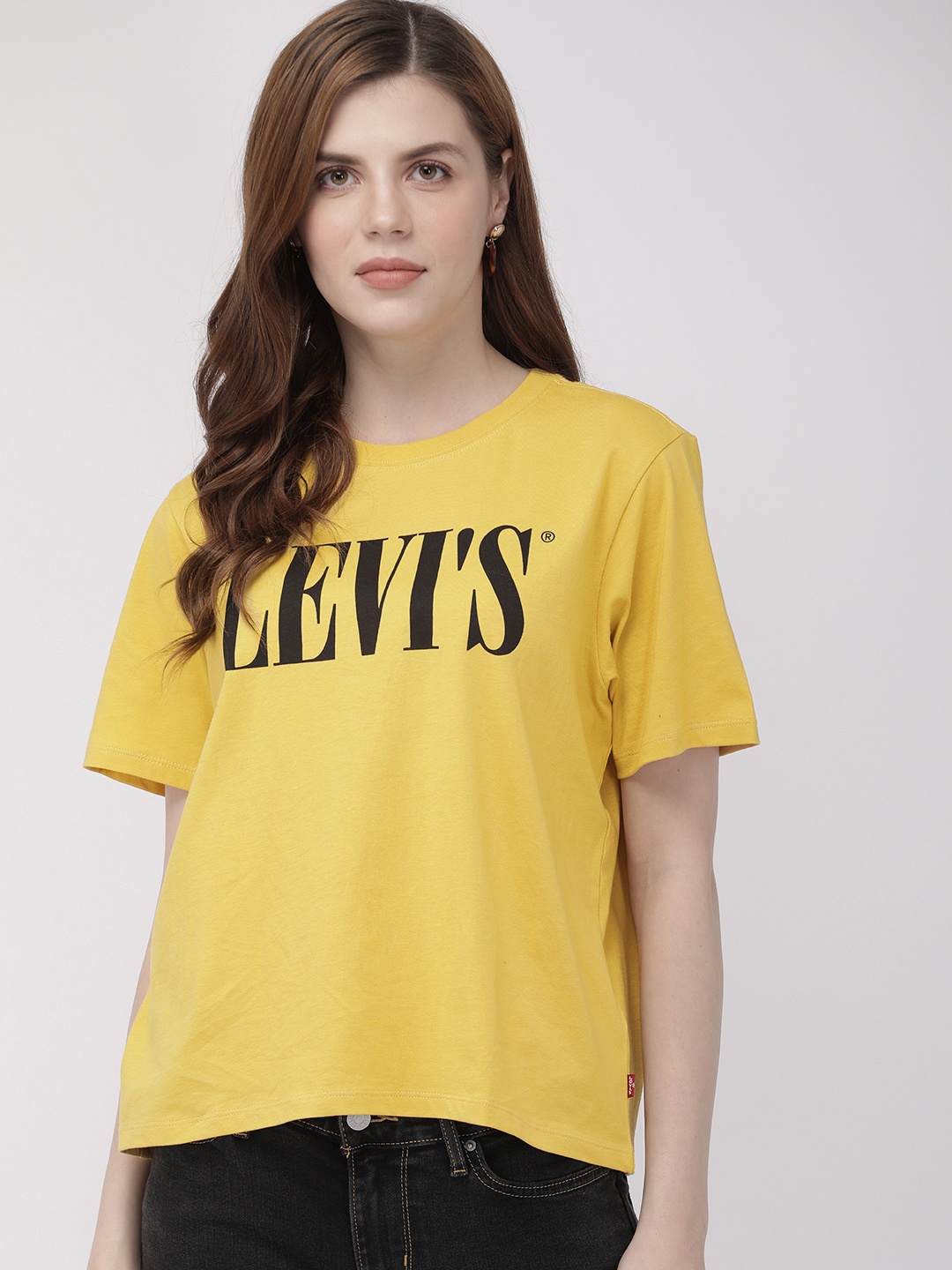 

Levis Women Yellow Black Printed Cotton Pure Cotton T-shirt