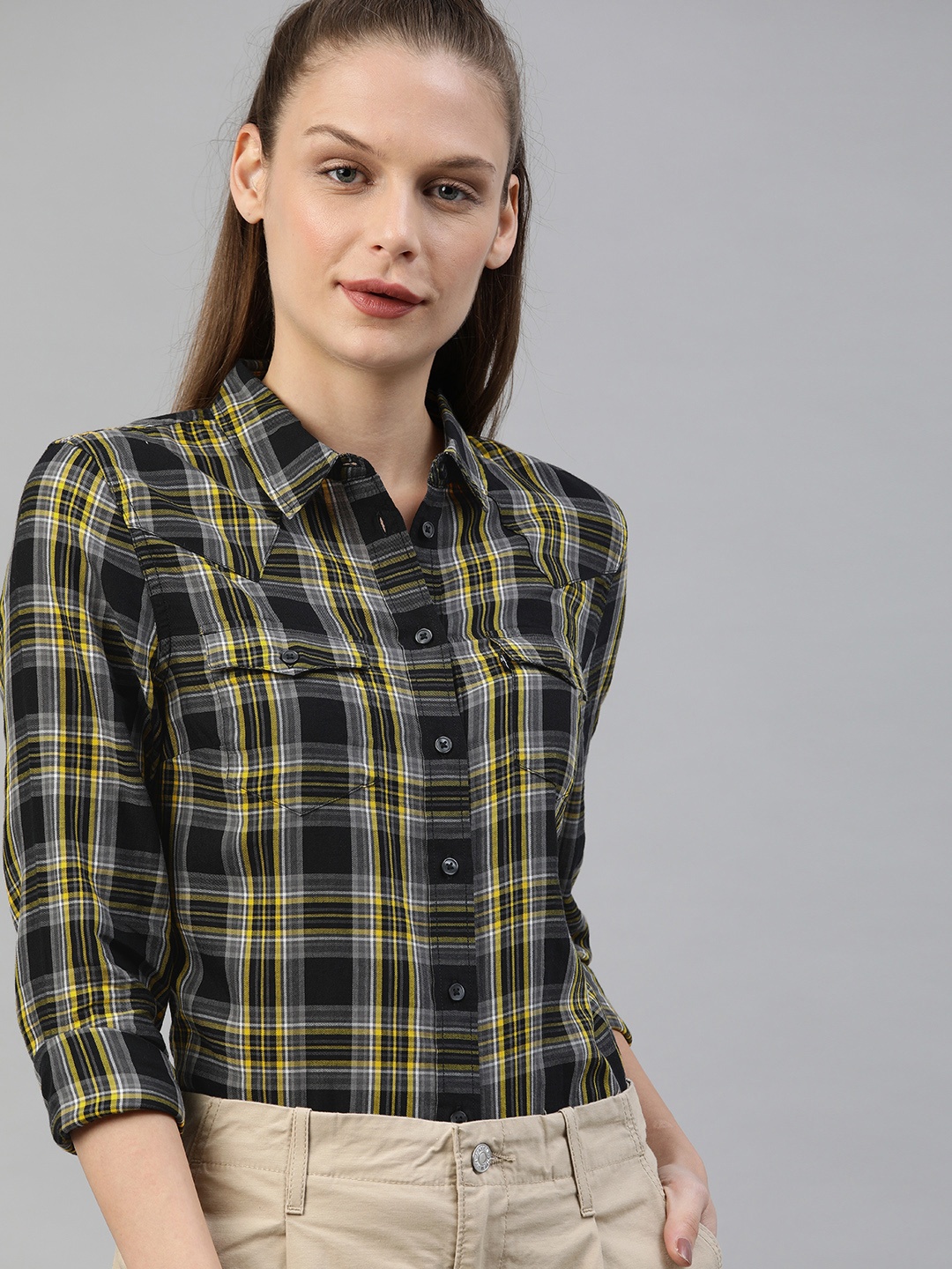 

Levis Women Black & White Regular Fit Checked Casual Shirt