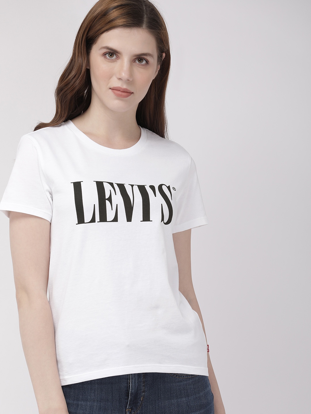 

Levis Women White Printed Round Neck Pure Cotton T-shirt