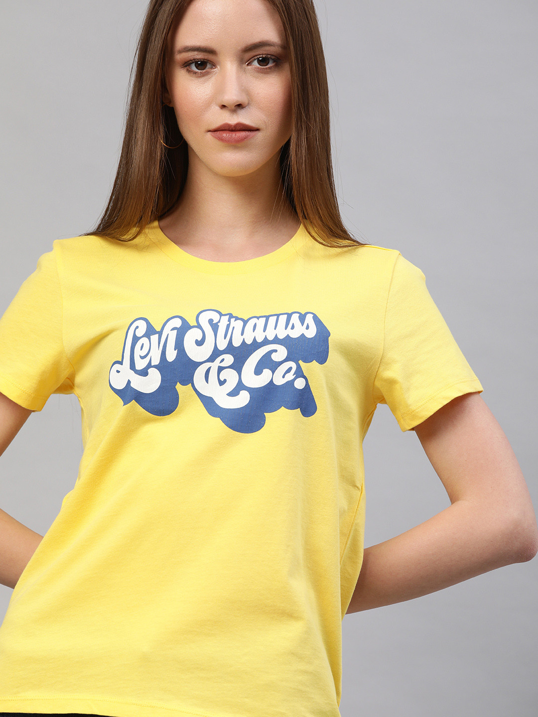 

Levis Women Yellow Printed Round Neck Pure Cotton T-shirt