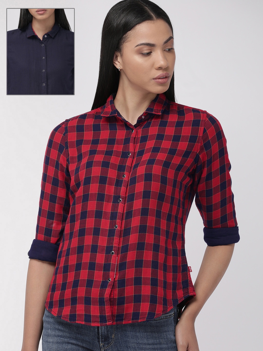 

Levis Women Red & Navy Blue Regular Fit Checked Casual Reversible Shirt