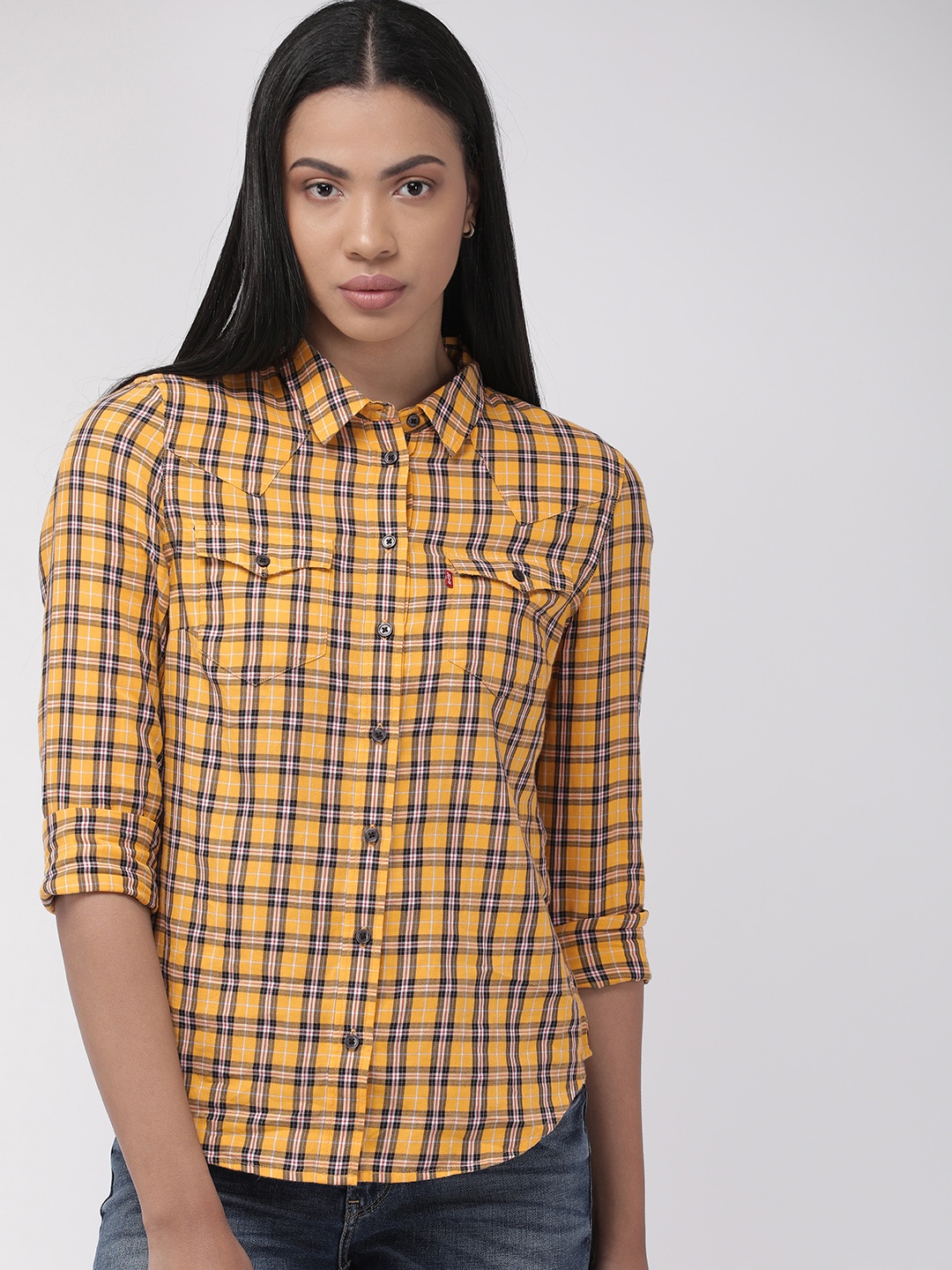 

Levis Women Mustard Yellow & Navy Blue Regular Fit Checked Casual Shirt