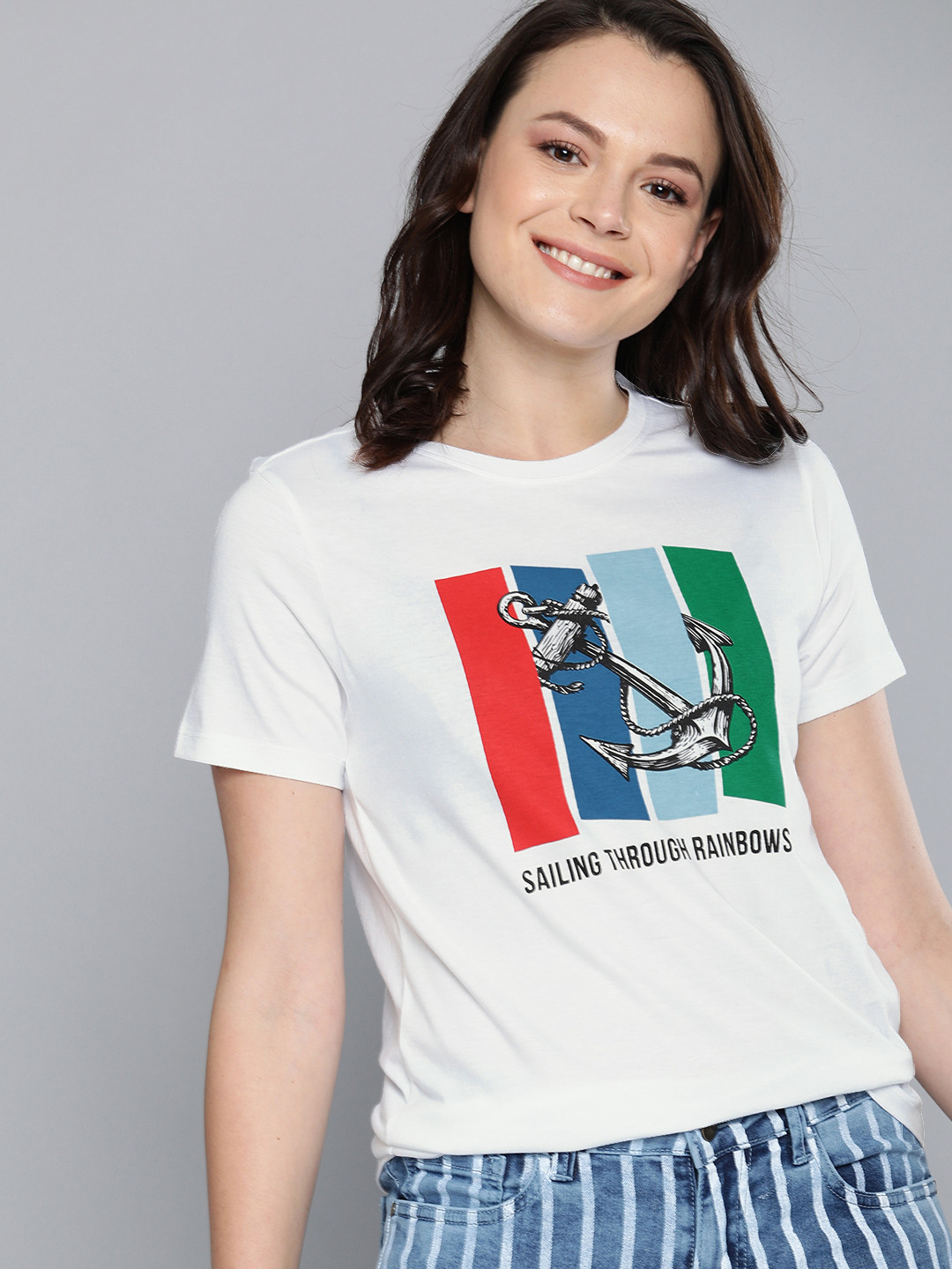 

Mast & Harbour Women White Printed Round Neck T-shirt