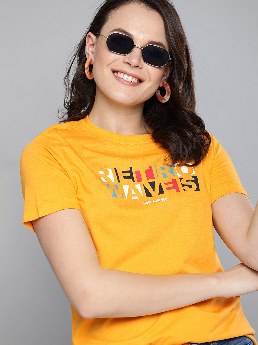 

Mast & Harbour Women Mustard Yellow Printed Round Neck T-shirt
