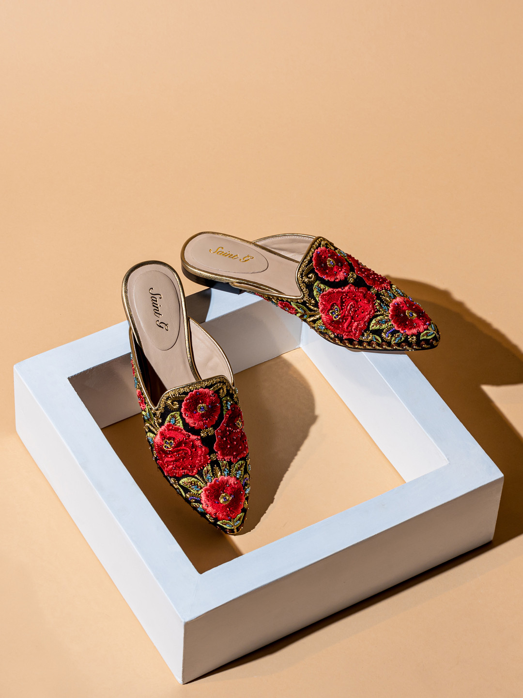 

Saint G Women Red Hand-Embroidered Leather Mules